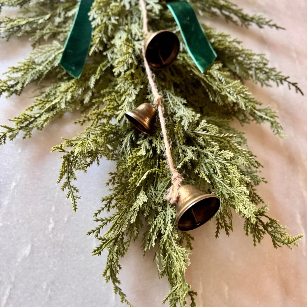 NEW Greenery Cedar Teardrop Holiday Swag with Velvet Ribbon & Bells